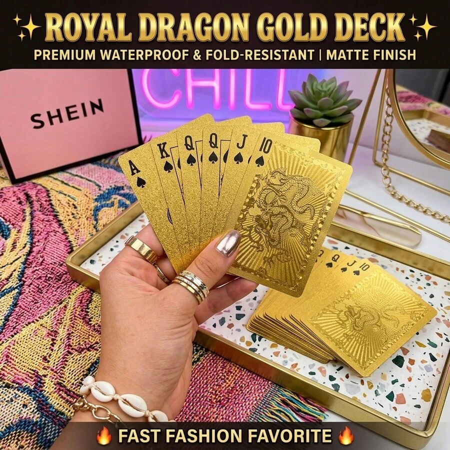 1副24K金箔耐用防水塑膠撲克牌 8.7*5.7 CM，奢華金色撲克牌，適合派對遊戲、魔術表演、收藏禮物