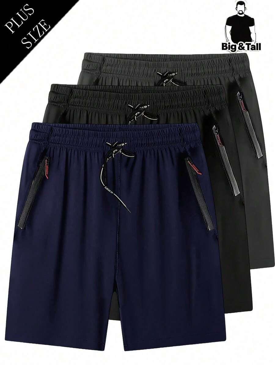 Plus Size Men's Shorts, Summer Elastic Straight Leg 5-Inch Pants, Solid Color, Zipper Pockets, Drawstring, Lightweight, For Sports, Running, Fitness