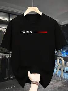 Men's Parisian Pattern T-Shirt - White Short-Sleeved Crew Neck Casual Shirt With Red Accents And Logo, Soft Polyester Fabric, Machine Washable. - 白色 - 查看 9