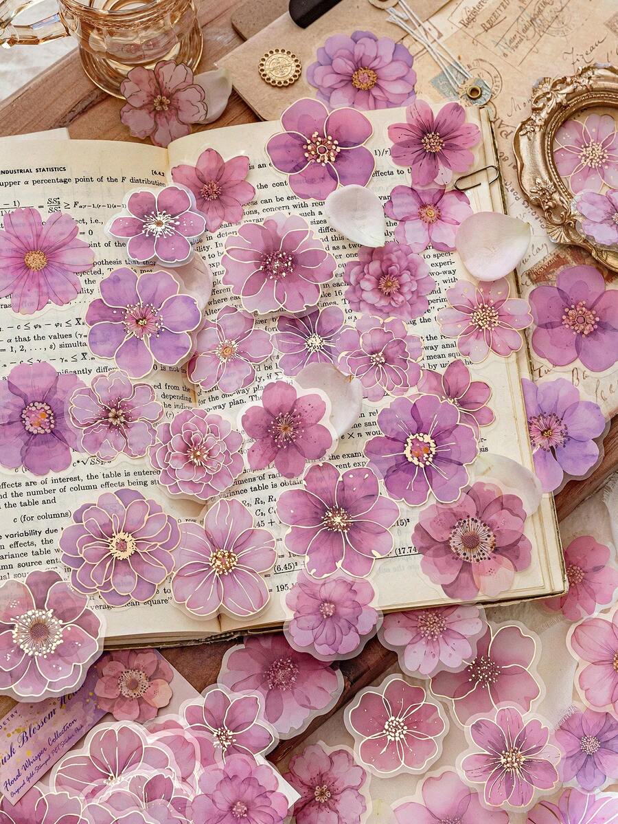 1 Pack 40pcs Gorgeous Gold Foil Floral Planner Stickers, Vintage Creative Aesthetic Decals, DIY Decoration Collage Craft Materials, Holiday Gift, Personalized Scrapbook School Stationery Supplies - Style 4. - View 1