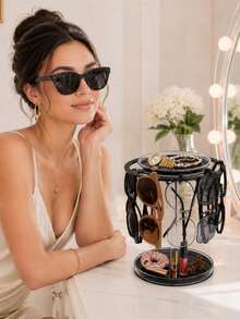 1pc 360° Rotating Fashion Glasses Storage Rack, Acrylic Glasses Holder With Tray, Glasses Storage Rack With Storage Base, Suitable For Vanity, Desk, Bedside Table And Home Decor, Black,Bedroom Room Decor,Back To School - Black - View 7
