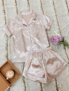 LuxeNights Satin Button-Down Pajama Set With Contrast Trim - Apricot - View 1