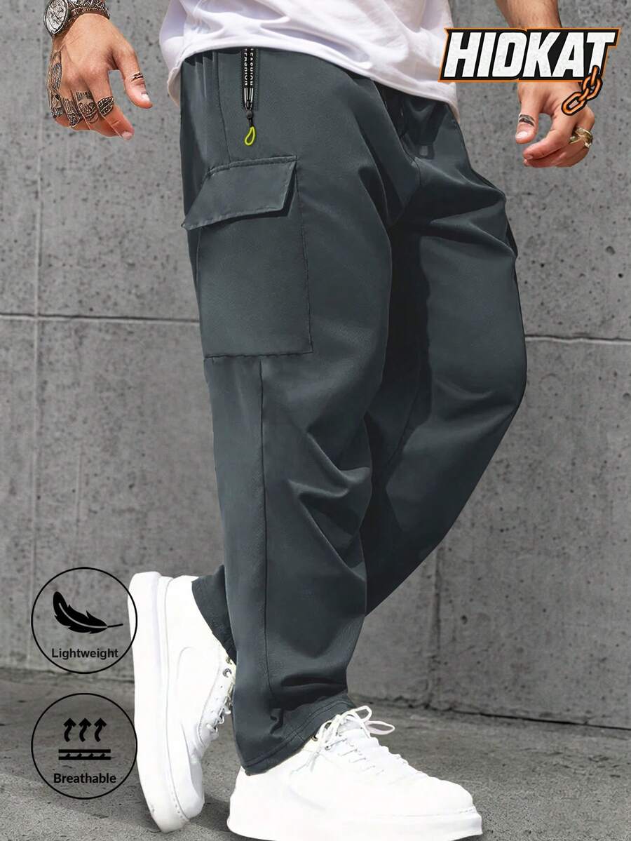 Pantalones de senderismo para hombres de primavera y otoño con bolsillos con cremallera y cordón, pantalones rectos casuales para correr con destacado acento neón