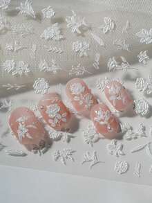 1pc Minimalist Pure White Embossed Floral 6D 3D Nail Art Sticker, Full Coverage Raised White Roses, Lilies, Branches And Vines With Handwritten Cursive English, Clean Matte White, Transparent Base Film, Suitable For Cool Commute Nude Nails, Bridal Wedding Looks, High-End Minimalist Salon Creations, Ideal For Office Workers, Brides, Nail Art DIY Enthusiasts Who Love Elegant Atmosphere And Light Vintage Floral Style - White - View 3