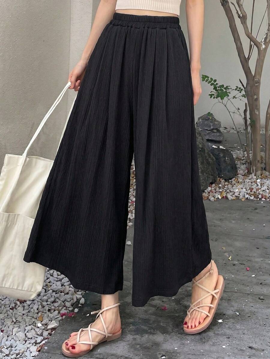 Solid Wide-Leg Leisure Trousers For Holidays - Negro 3 - View 1