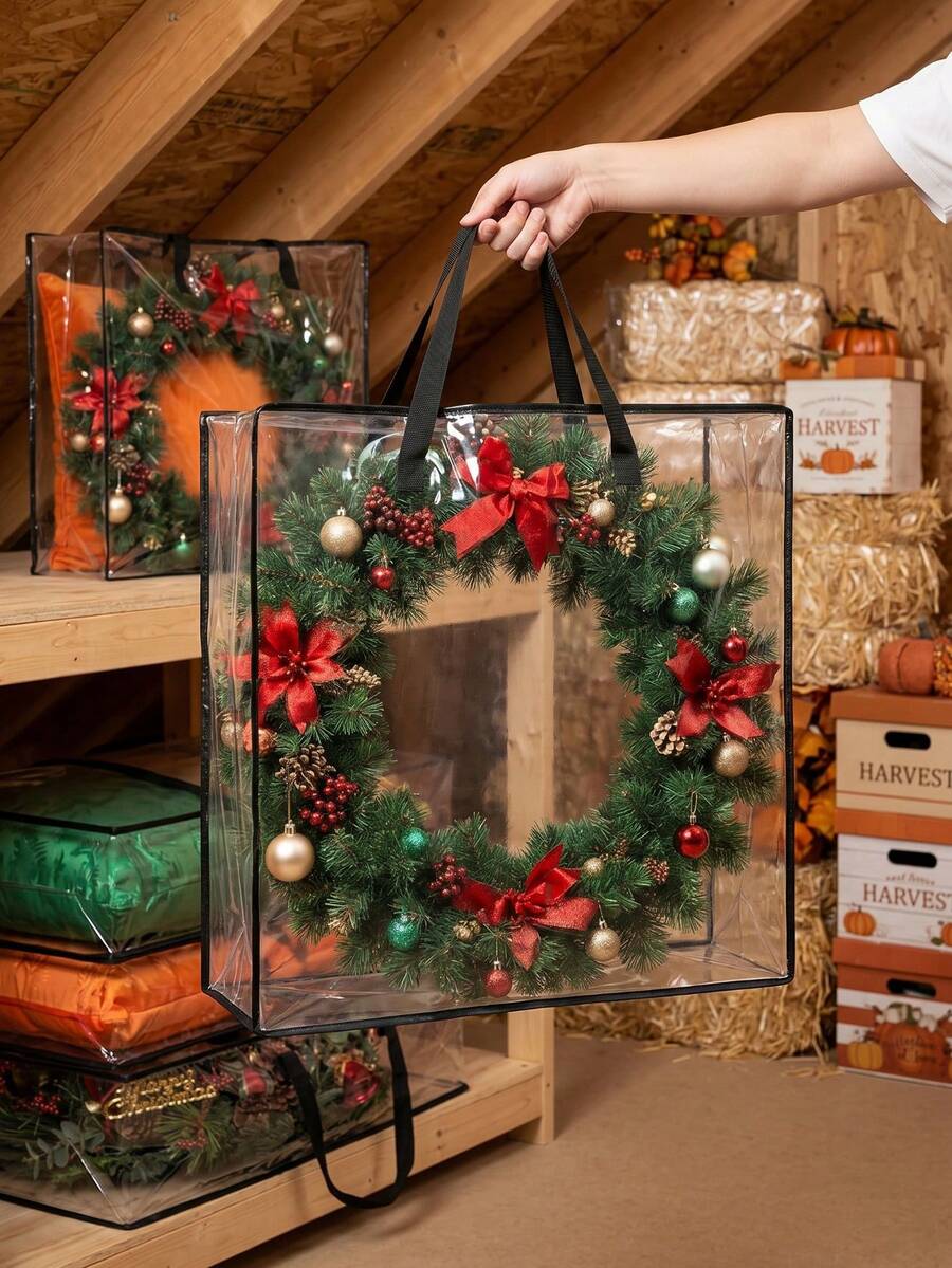 1/2pcs-Wreath Storage Bag, Transparent Autumn And Christmas Wreath Storage Box, 26 Inch 95L Home Use Wreath Storage Box, Suitable For Spring, Summer, Autumn Storage Bags, Christmas Decorations, Seasonal Wreaths, Clothing, Bedding, Gifts - Multicolor - View 1