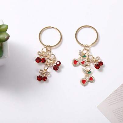 1pc Unisex Rhinestone Cherry Heart Keychain, Gold Metal Bag Charm, Essential Decor For Back To School Backpack & Daily Keys