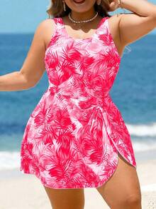 Swim Lushoire Traje de baño con vestido para mujer talla grande con estampado de hojas coloridas, ideal para vacaciones en la playa - Rosa Fucsia - Ver 1