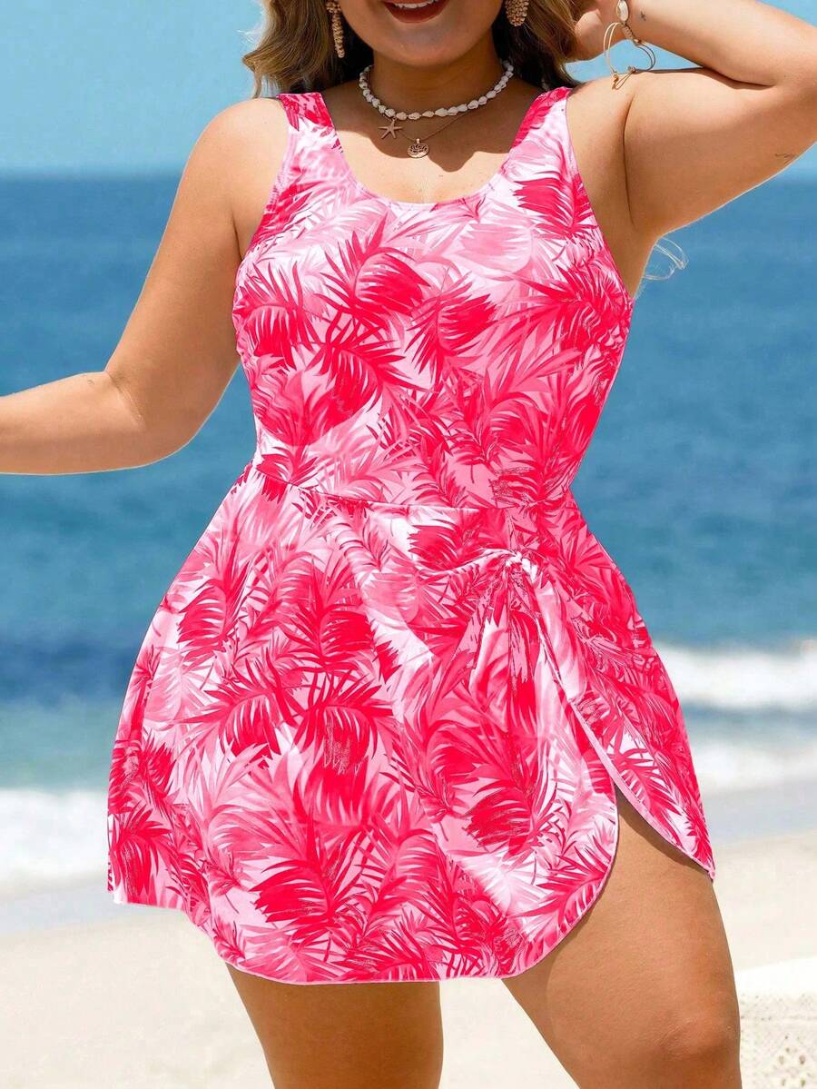 Swim Lushoire Traje de baño con vestido para mujer talla grande con estampado de hojas coloridas, ideal para vacaciones en la playa - Rosa Fucsia - Ver 1