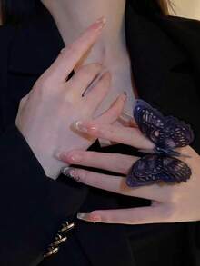 1件女款誇張大尺寸食指戒指，暗黑哥德風，蛾蝶小眾設計，仙女飾品，黑色大蝴蝶戒指，時尚裝飾配件，可調節戒圈 - 黑色 - 查看 3