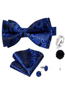 5Pcs Blue Paisley Jacquard Men Accessory Set, Bow Tie Pocket Square Cufflinks Ring Boutonniere, Random Cufflink Patterns, For Groom Wedding - Blue - View 1