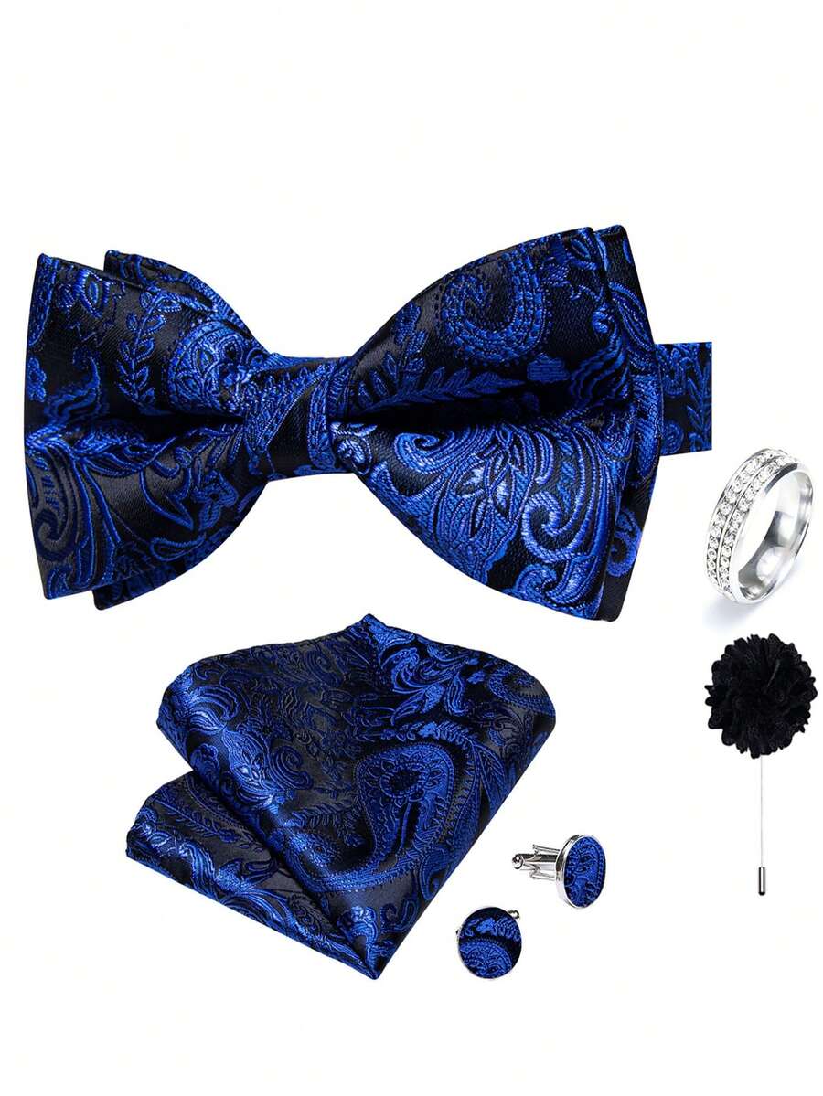 5Pcs Blue Paisley Jacquard Men Accessory Set, Bow Tie Pocket Square Cufflinks Ring Boutonniere, Random Cufflink Patterns, For Groom Wedding - Blue - View 1