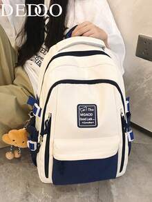 Dedoo Mochila ergonómica de gran capacidad con diseño de bloques de color, estilo académico minimalista, adecuada para estudiantes de vuelta a la escuela y desplazamientos diarios (sin colgante) - Azul - Ver 3
