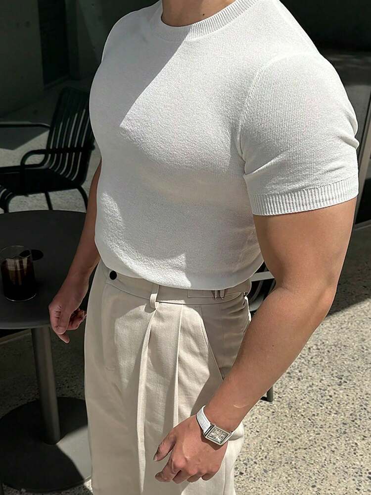 Men's Casual Solid Color Short Sleeve Pullover Knitwear, Spring/Summer - White - View 5