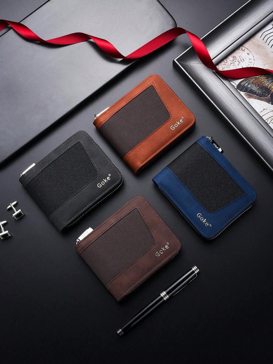 New Men's Short Chain Wallet Multi-Slot Card Holder Coin Pouch Zipper Purse