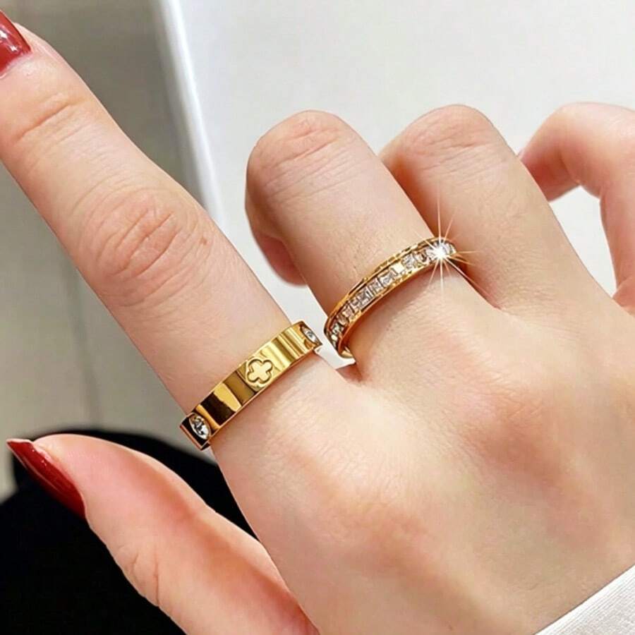 2 piezas/Set Anillos de acero inoxidable con trébol & cielo estrellado con cristales, set de anillos apilables para mujer - Juego de trébol de cuatro hojas dorado - Ver 1