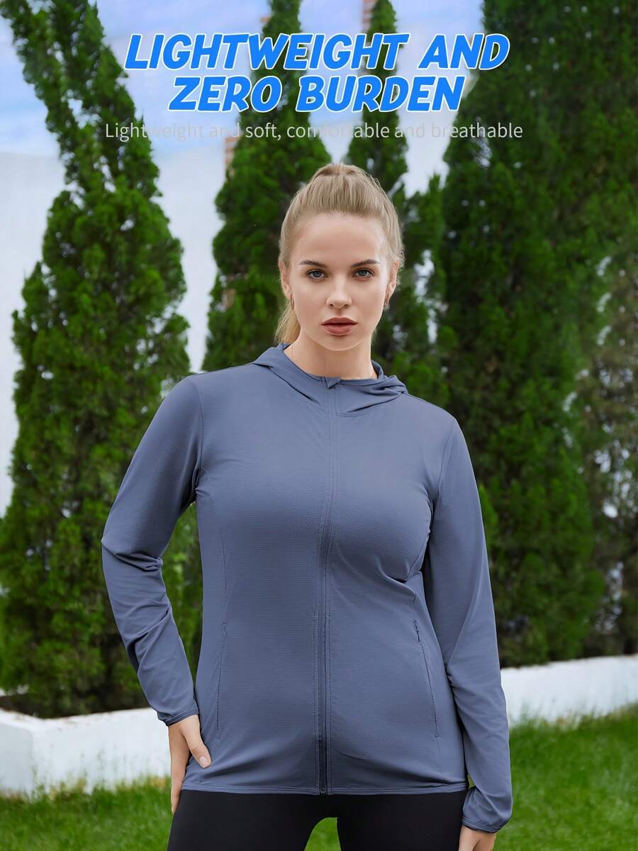 Hooded Zip-Up Jacket, Plus Size, European Style, New Spring/Summer Collection, Dark Colors, Lightweight And Breathable, Elastic Cuffs. Ideal For Outdoor Wear. - 藍色 - 查看 1