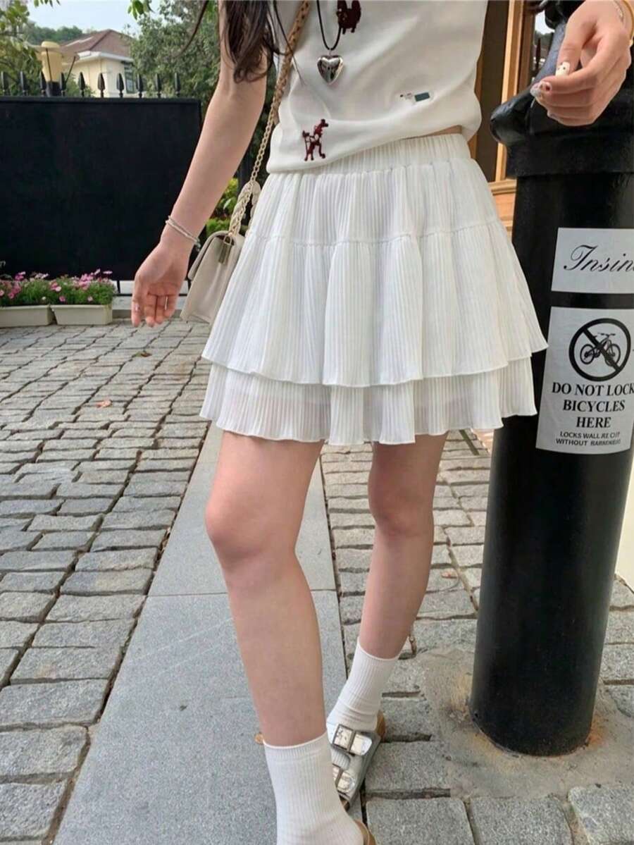 高腰百褶A字迷你裙,適合嬌小女性的修身設計,春夏白色 - 白色 - 查看 1