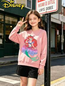 Teen Girl Clothes Disney Ariel Under Sea Seashell Print Loose Fit Crewneck Sweatshirt - 藕粉色 - 查看 2