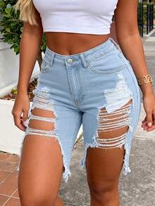 Washed Distressed Straight Leg Denim Shorts, Made Of Stretchy Fabric, Comfortable For Daily Wear, Fashionable And Stylish - Light Wash - View 3