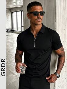GRDR Camiseta polo de manga corta con media cremallera para hombre, adecuada para uso casual al aire libre - Negro - Ver 2
