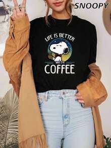 Life Is Better With Coffee 夏季休閒百搭 Snoopy 女款圓領短袖寬鬆針織簡約基礎款 T-shirt - 黑色 - 查看 3