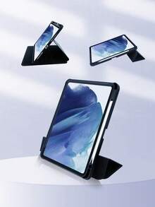 1件 360°旋轉壓克力三折深藍色平板保護殼，兼容iPad機型，可調節360°視角支架，壓克力背殼防刮防彎，內置筆槽，磁吸自動休眠/喚醒，極簡三折平板保護套 - 深藍 - 查看 6