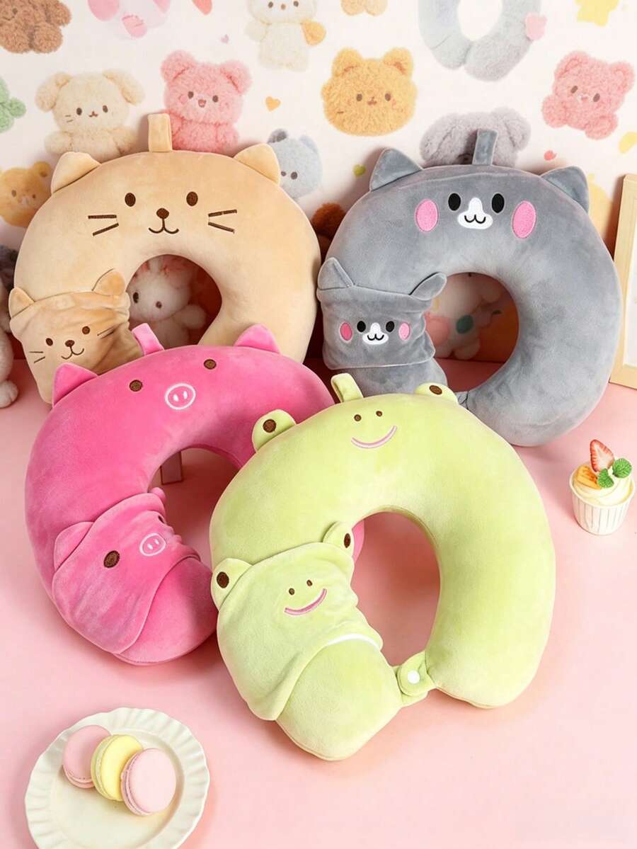 1 Set de Almohada de Cuello Premium para Viajes y Máscara para Dormir, Material de Felpa Cómodo, Relleno de Soporte, Patrón de Animales de Dibujos Animados Lindos, Cierre con Botón de Presión, Incluye Máscara para Ojos que Bloquea la Luz, Adecuado para Viajes de Larga Distancia, Desplazamientos y Siestas en la Oficina - Multicolor - Ver 1