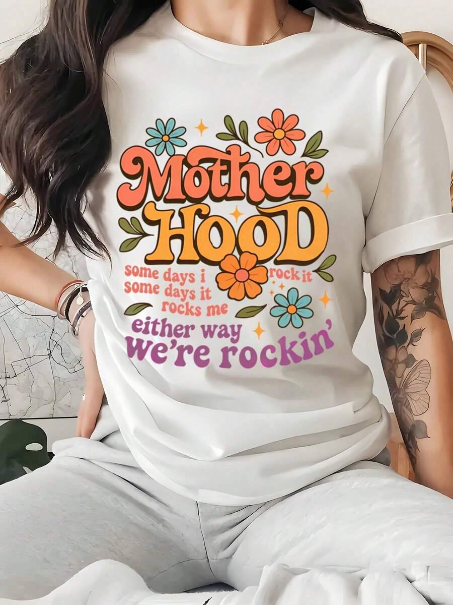Camiseta Estampada Mujer Manga Corta Moda para Salir de CiudadMotherhood Floral Print And Text Women Casual T Shirt Soft Comfortable Gift For Mother S Day Birthday - Blanco - Ver 1