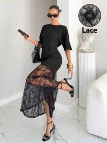 Vestido de mujer elegante y de moda con patchwork de encaje, tonos marrones para citas en otoño, vestidos para mujer de verano - Negro - Ver 1
