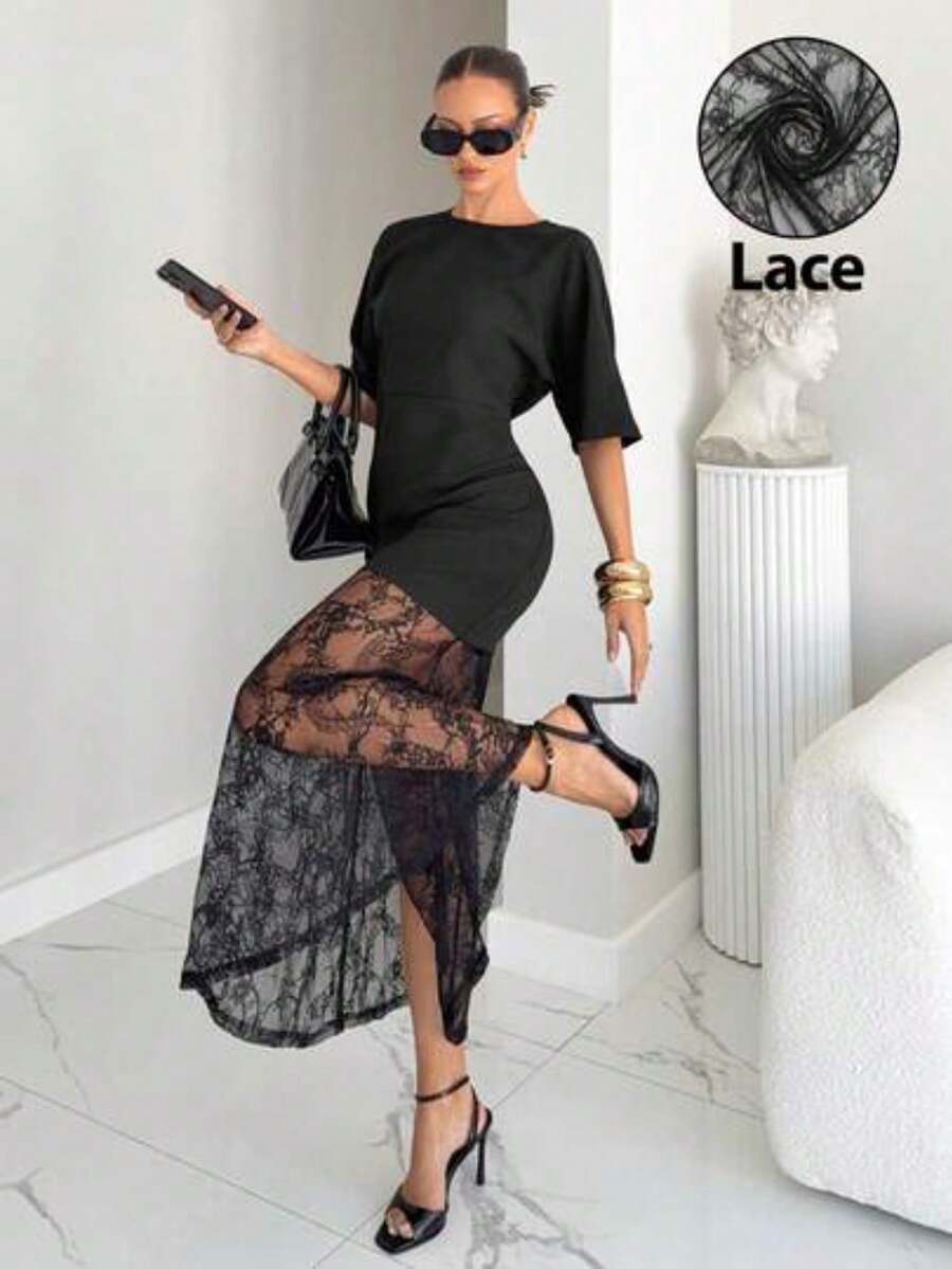 Vestido de mujer elegante y de moda con patchwork de encaje, tonos marrones para citas en otoño, vestidos para mujer de verano - Negro - Ver 1