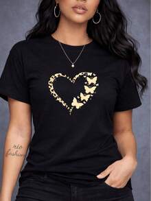 Playera Casual Mujer Estampado Corazón Mitad Animal Print Leopardo Mariposas Manga Corta Cuello Redondo Verano Suave Moderno - Negro - Ver 1