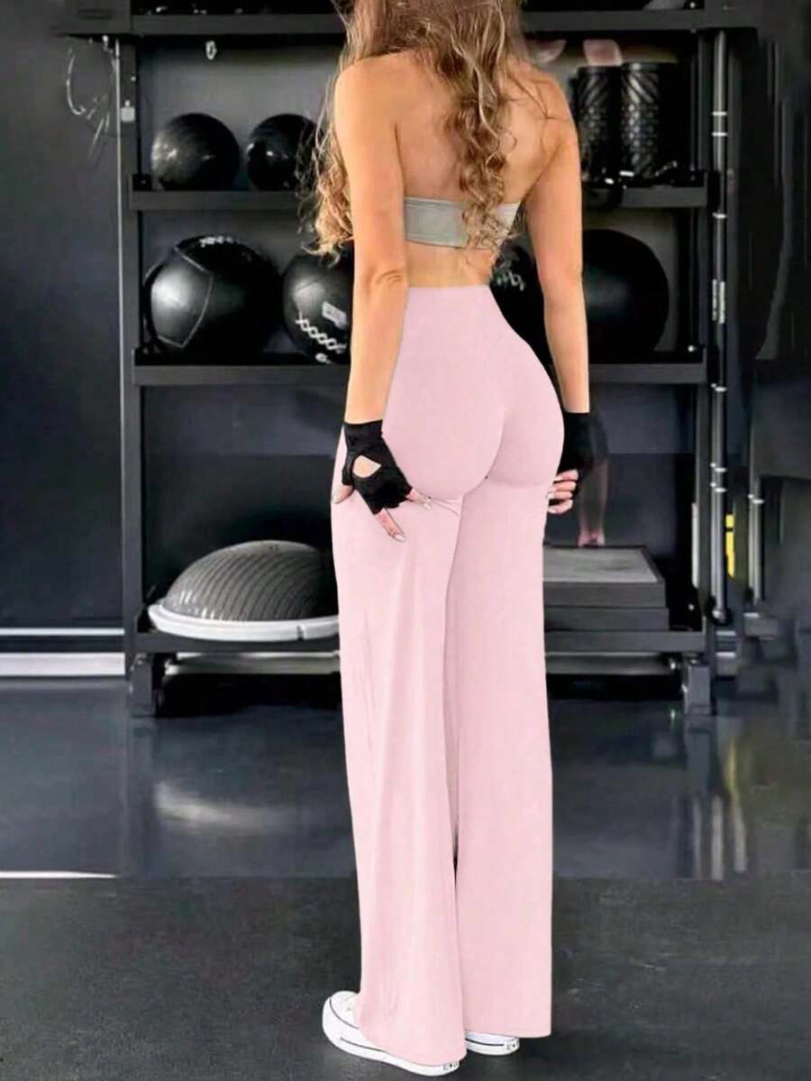 Pantalones de yoga de cintura alta con campana, levanta glúteos, elásticos, pantalones deportivos de pierna acampanada holgada, lavables a máquina, para mujeres, leggings de pierna ancha, pi - Rosa - Ver 1