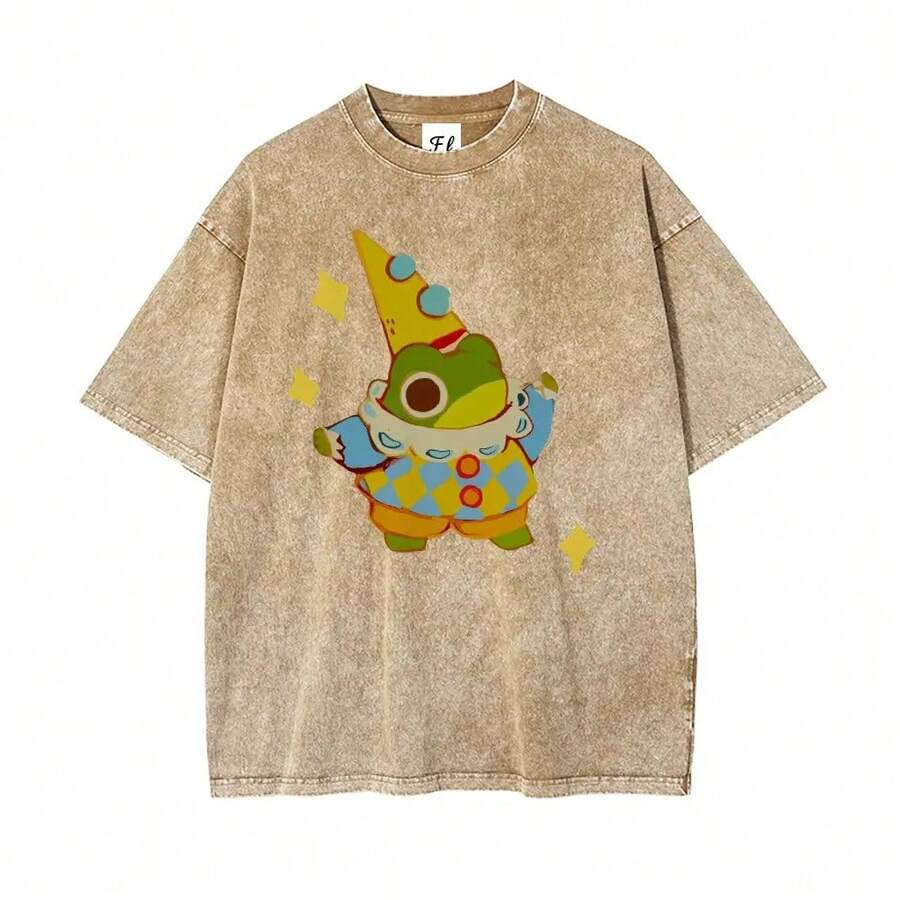 Men's Short-Sleeved Cotton T-Shirt, Crew Neck, Oversized Style - Retro Star Frog Cartoon Graphic Design, Vintage Wash, Stretchy, Soft And Comfortable Clothing - لون القهوة البني - مشاهدة 1