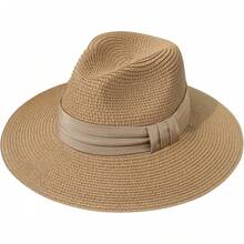 Sombrero de paja de ala ancha para mujer Lanzom, estilo Panamá, enrollable, para playa, con protección solar UPF50+ - Rojo - Ver 9