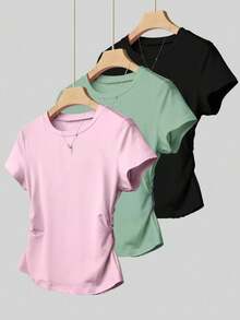 Set de 3 piezas de tops para mujer para exteriores, en color champán, marrón moca y negro, nuevas llegadas de verano, camiseta ajustada con pliegues, de moda y versátil, con estilo ca - Multicolor 8 - Ver 1