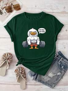 Creativo de Patos, Ropa Casual y de Vacaciones, Manga Corta con Cuello Redondo, Ideal para Primavera y Verano, Lavable a Máquina, Nueva Colección de Ropa para Mujer, Versátil para Salidas y - Verde oscuro - Ver 1