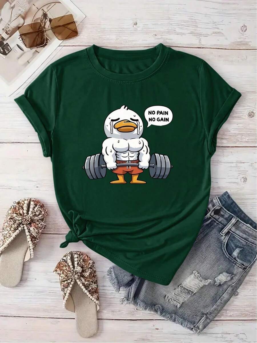 Creativo de Patos, Ropa Casual y de Vacaciones, Manga Corta con Cuello Redondo, Ideal para Primavera y Verano, Lavable a Máquina, Nueva Colección de Ropa para Mujer, Versátil para Salidas y - Verde oscuro - Ver 1