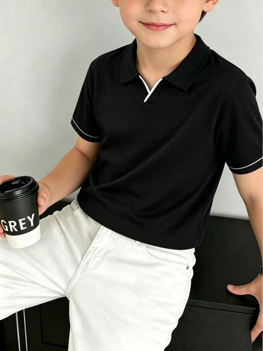 Kids Boys Minimalist Contrast Trim Knit Polo Shirt, Elastic Soft All-Match Everyday Outfit Knitted Top - Black - View 1