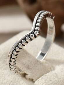 Wavy Bead Ring With Twisted Band And Round Bead Texture, Unique Statement Ring For Women's Daily Commute And Casual Wear, Exquisite Fashion Elegant Accessory - Antique Silver - View 2