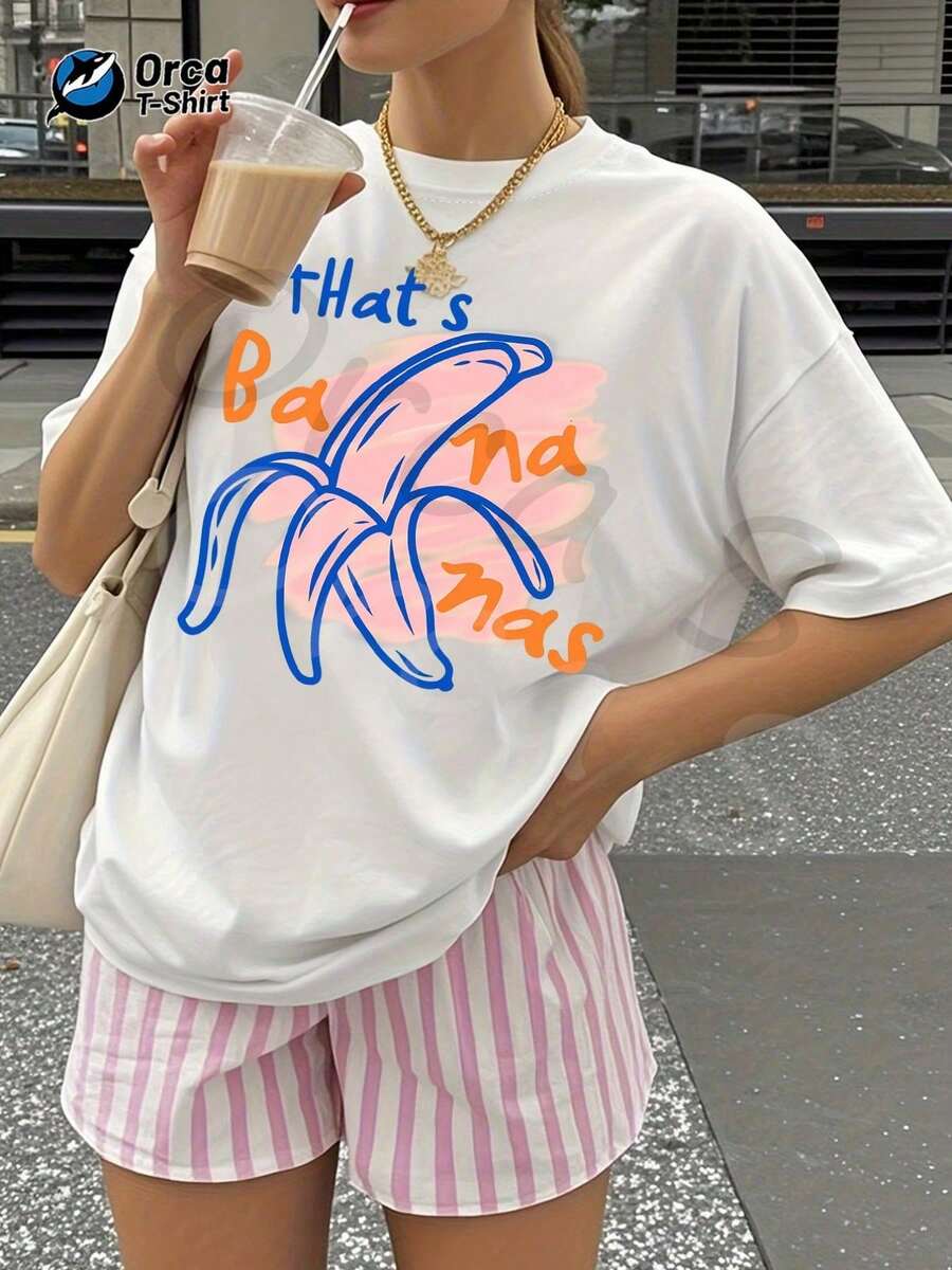 Women's Short-Sleeved T-Shirt With Banana Graffiti Print And Hand-Drawn Lines, Urban And Modern Style, 100% Cotton, Casual Summer Style For Vacation, Round Neck - 白色 - 查看 1