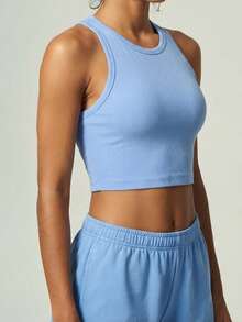UONNOU Women's Ribbed Seamless I-Shaped Racerback Crop Tank Top, Round Neck Slim Fit Low Impact Yoga Workout Sports Vest - Blue - View 9