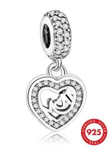 1pc S925 Sterling Silver Double Layer Heart MOM Pendant Bead, Heart-Shaped Frame Fully Pave White Zirconia, Mother's Day Gift DIY Snake Chain Bracelet Silver Charm - Silver - View 2