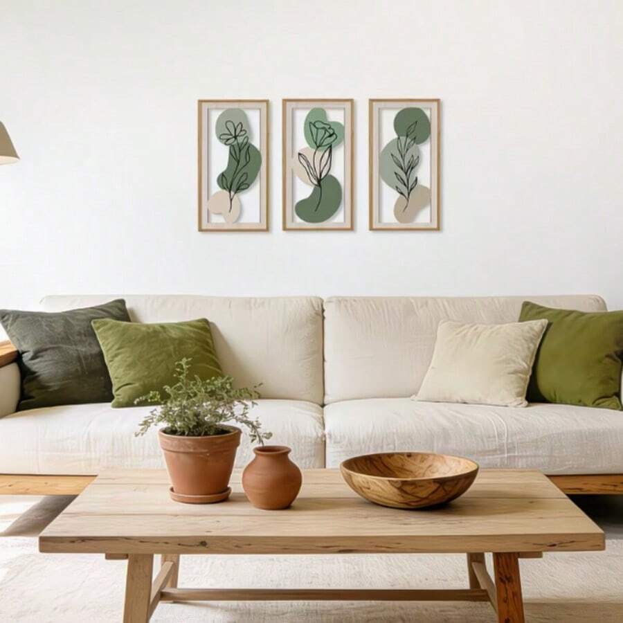 2D Flat Wall Decor, 3-Piece Set Minimalist Floral Wall Decoration, Bohemian Style Green Geometric Hanging Wooden Signs, Suitable For Living Room, Modern Bohemian Style Plant Leaf Wooden Plaques, Suitable For Apartment Bedroom Office Decor - Multicolor - View 1