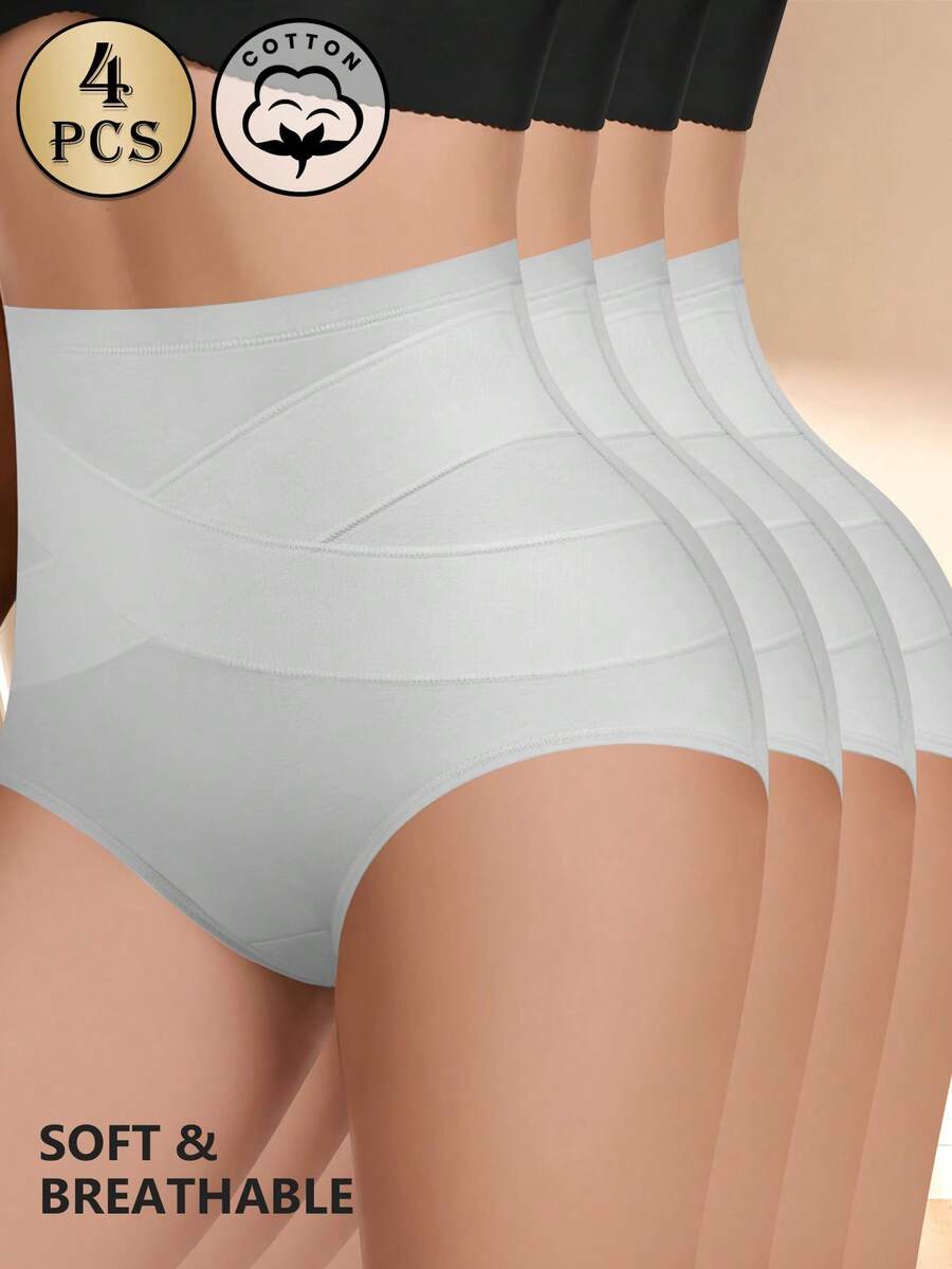MEIYATING 4pcs/Pack Women's Mid-To-High Waist Cotton Panties, Tummy Control, Butt Lifting, Triangle Briefs, Cross-Waist, Fitted