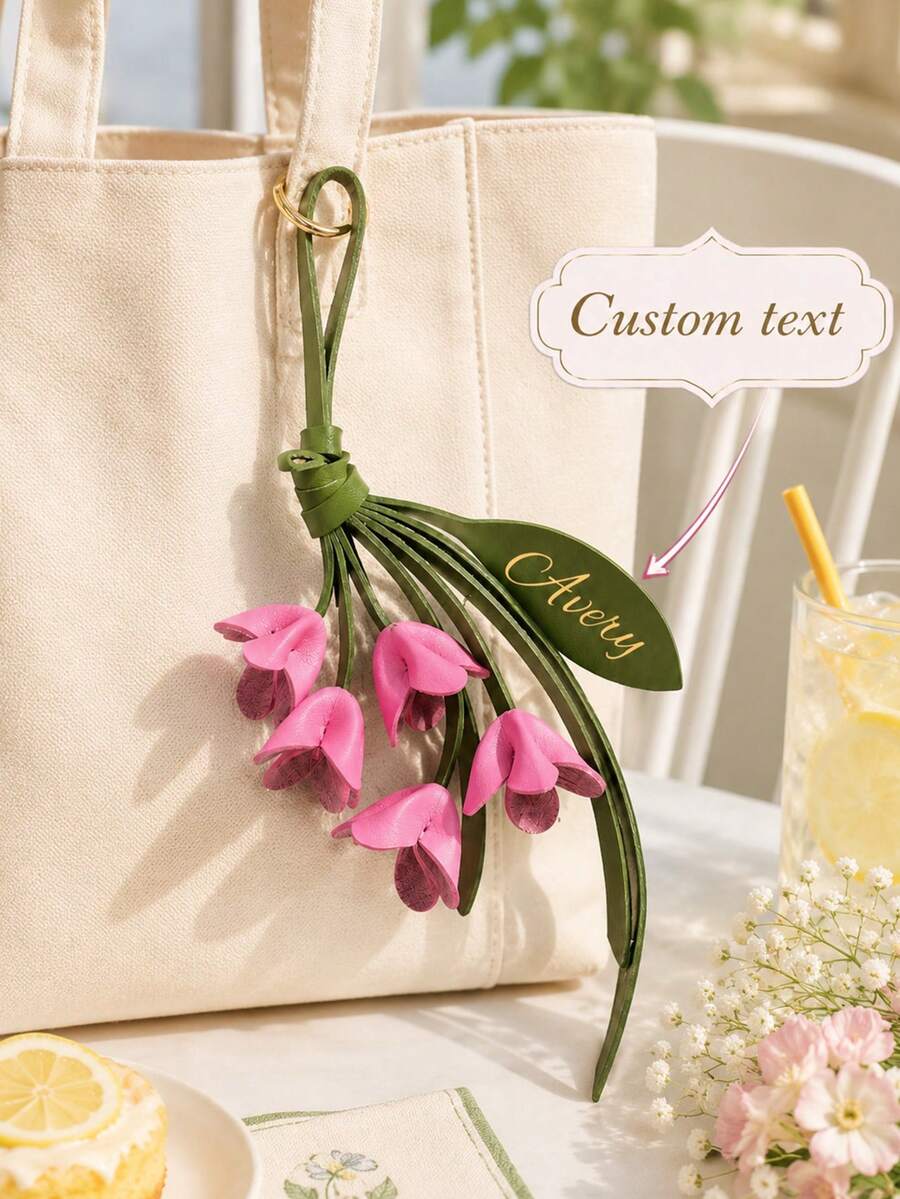 Customized Women's Faux Leather Flower Bag Charm Keychain Gift, Handmade Red Lily Of The Valley Key Ring, Suitable For Daily Bag Matching - Multicolor - View 1