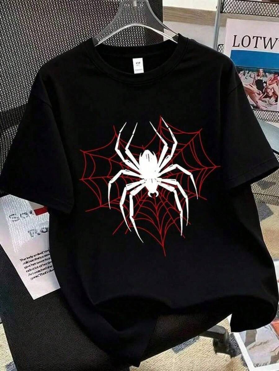 1 piezas Camiseta de manga corta de ajuste holgado con estampado de telaraña para adolescentes, transpirable para uso diario, fiestas, vacaciones y escuela 67 six seven junior h guayabera pa - Negro - Ver 1