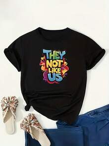 Camiseta de algodón puro para mujer - estampado con diseño, cuello redondo elástico, top de verano, lavable a máquina, ajuste cómodo, camiseta de mujer, prenda holgada, mangas cortas con est - Negro - Ver 2