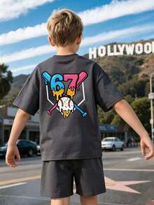 Tween Boy Cartoon Graphic Print Crew Neck Short Sleeve T-Shirt And Shorts Set - Dark Grey - View 1