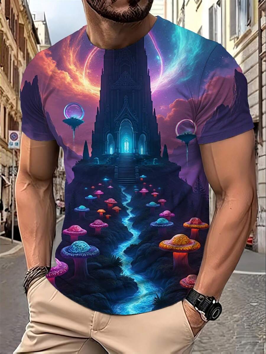 Camiseta de Manga Corta Oversize para Hombre - Escena de Ensueño de Otro Mundo con Flora Bioluminescente, Plataformas Flotantes y Efectos de Luz Etérea, Estampado de Alta Definición, Cuello - Negro - Ver 1